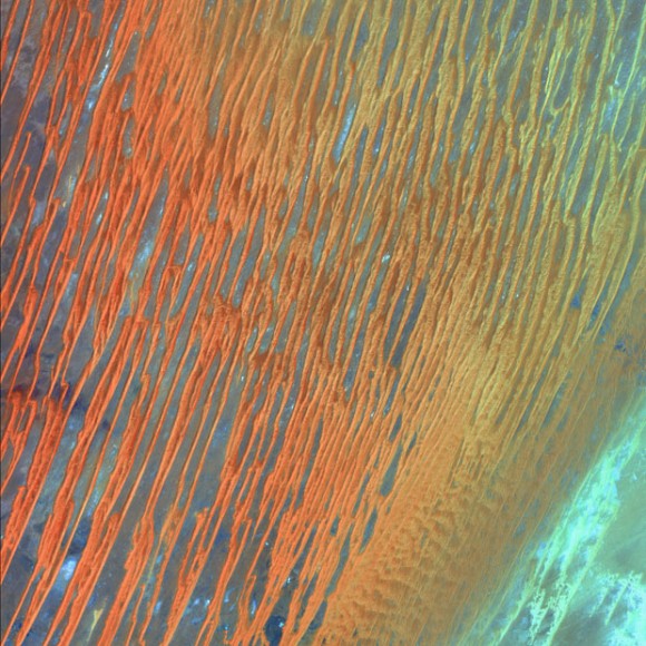 Desert Patterns - April 13th, 2003 - Seen through the eyes of a satellite sensor, ribbons of Saharan sand dunes seem to glow in sunset colors. These patterned stripes are part of Erg Chech, a desolate sand sea in southwestern Algeria, Africa, where the prevailing winds create an endlessly shifting collage of large, linear sand dunes. The term erg is derived from an Arabic word for a field of sand dunes. Desert Patterns - April 13th, 2003 - Seen through the eyes of a satellite sensor, ribbons of Saharan sand dunes seem to glow in sunset colors. These patterned stripes are part of Erg Chech, a desolate sand sea in southwestern Algeria, Africa, where the prevailing winds create an endlessly shifting collage of large, linear sand dunes. The term erg is derived from an Arabic word for a field of sand dunes.